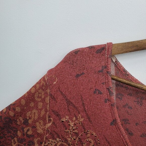 Indigo Soul Womens Paisley Tunic Top Size L Gold Rust V-Neck Asymmetric Hem - Picture 9 of 16